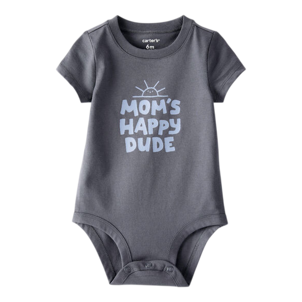 Gray baby onesie with short sleeves, featuring the text \“Mom's Happy Dude\“ in a playful font and a small sun graphic above. Suitable for 6-month-olds.
