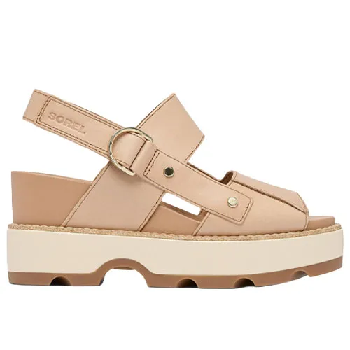Tan, open-toe sandals with a platform sole, featuring an adjustable ankle strap with a metal ring and embossed brand logo.