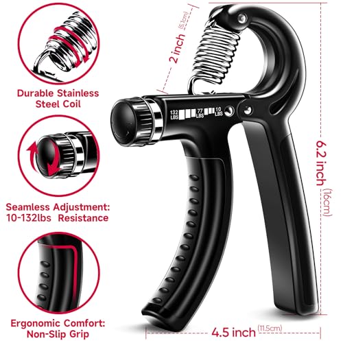 Adjustable hand grip strengthener with a durable stainless steel coil, non-slip ergonomic handle, and resistance range of 10-132 lbs. Dimensions: 2\“x6.2\“x4.5\“.