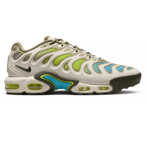 Nike Air Max Plus Drift Shoes feature a unique, wavy design with a beige upper accented by lime green and blue hues. The sole includes visible Air units for cushioning, with dark brown detailing on the toe and midsole.