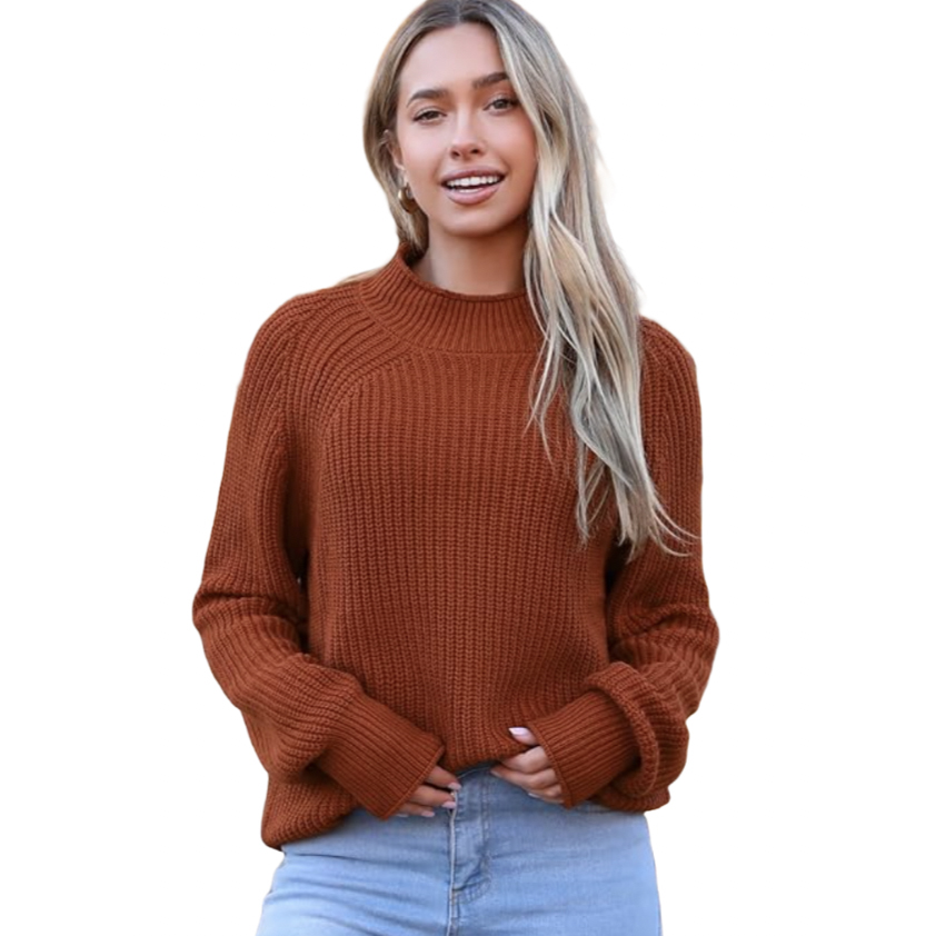 A woman is wearing a rust-colored, long-sleeve, ribbed knit pullover sweater with a high round neckline and relaxed fit. She pairs it with light blue jeans.