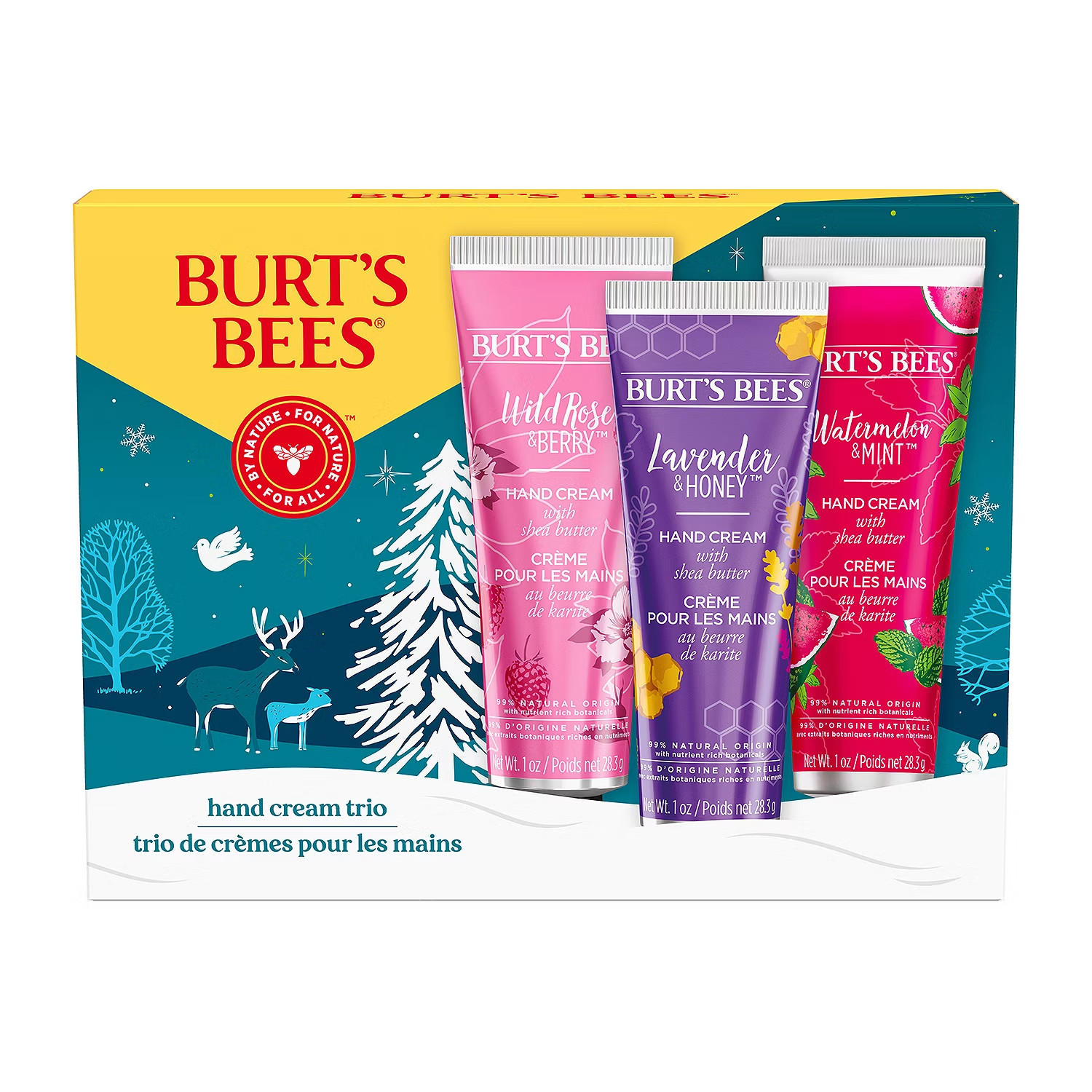 Burt's Bees hand cream trio includes Wild Rose & Berry, Lavender & Honey, and Watermelon & Mint, each with shea butter, packaged in a festive box.
