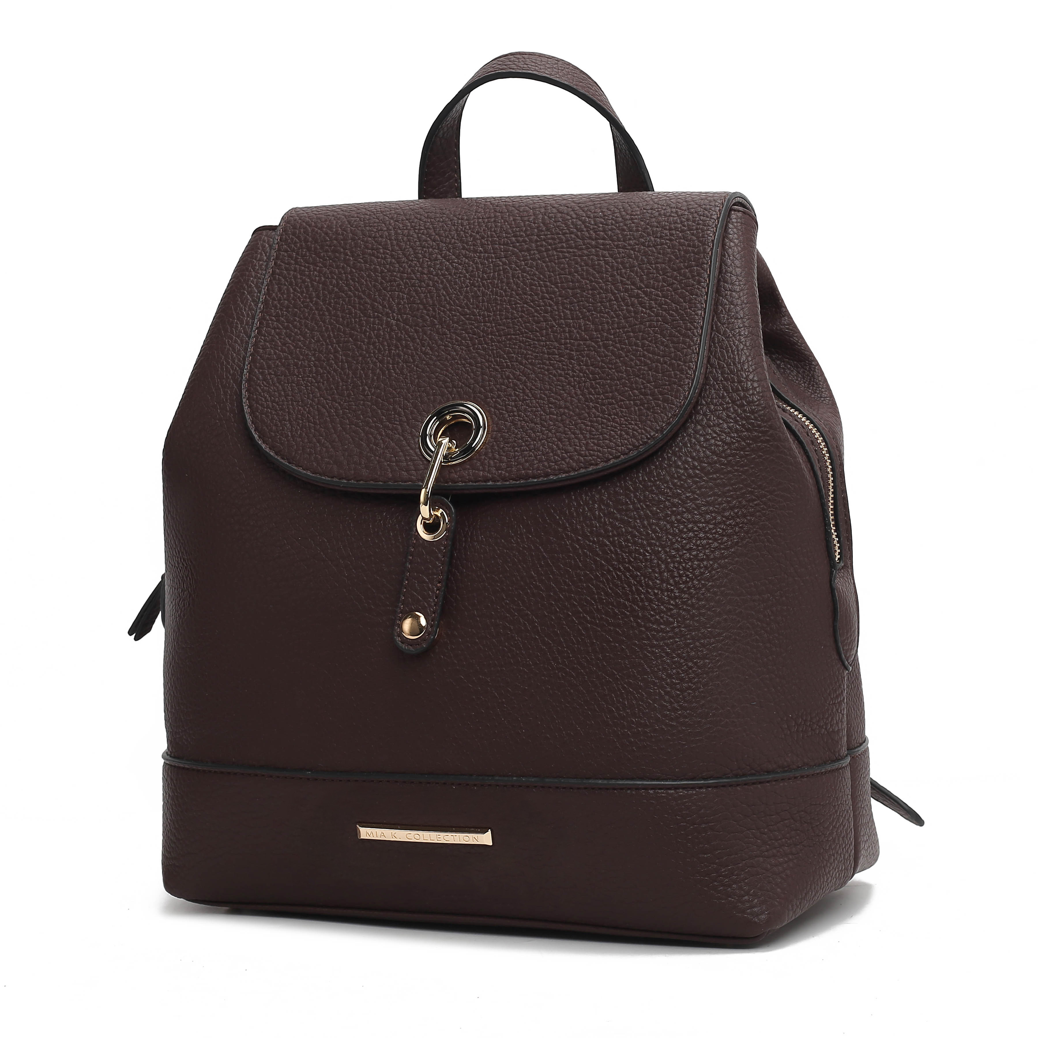 The MKF Faux-Leather Backpack is a stylish dark brown backpack featuring a pebbled texture, flap closure with a gold-tone ring and button, and side zipper pockets.