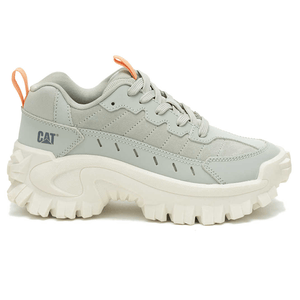 CAT sneaker with a light gray color, chunky off-white sole, and orange pull tab.
