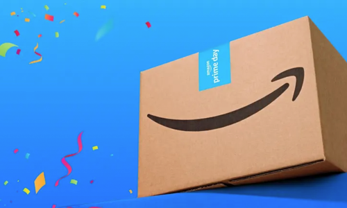 four arms holding up three amazon boxes on a blue background
