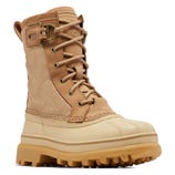 A tan quilted winter boot with a durable, two-tone rubber sole and strong laces for outdoor use.