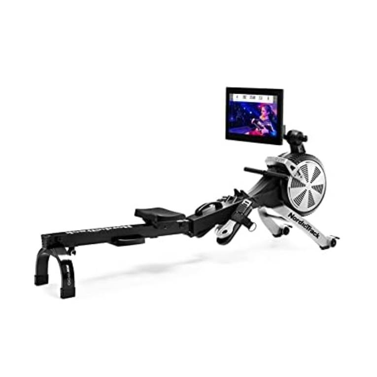 NordicTrack Smart Rower with a sleek black and silver design, features a built-in screen for interactive workouts, adjustable resistance, and a comfortable seat for an immersive rowing experience.