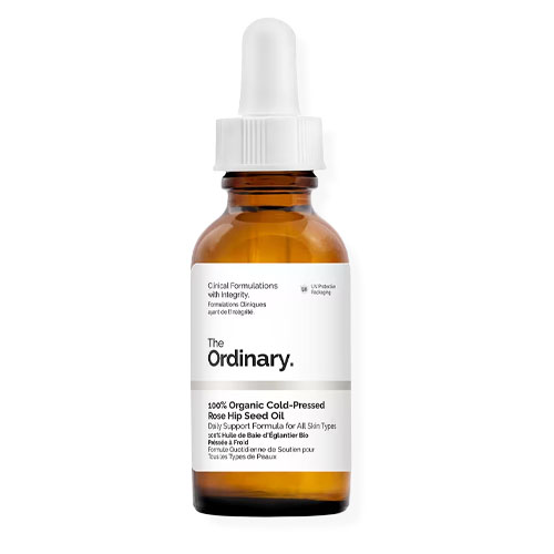 The Ordinary 100% Organic Cold-Pressed Rose Hip Seed Oil, for daily support for all skin types, in a brown dropper bottle.