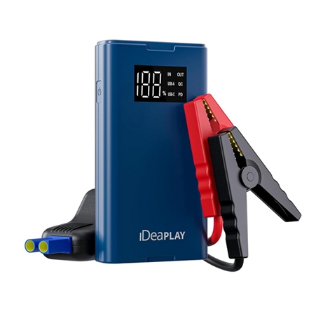 Blue portable jump starter with black and red clamps and a digital display, branded by iDeaPlay.