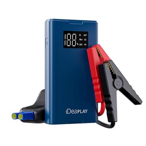 Blue portable jump starter with black and red clamps and a digital display, branded by iDeaPlay.