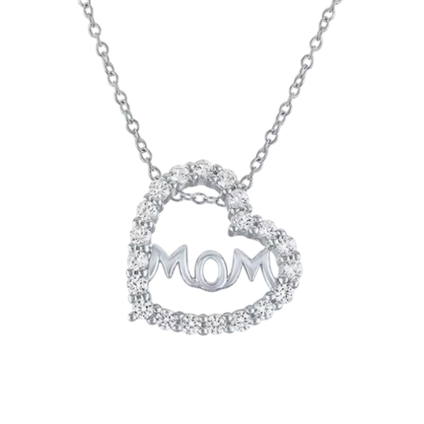 Heart-shaped pendant necklace with \“MOM\“ inside, adorned with small diamonds on a silver chain.