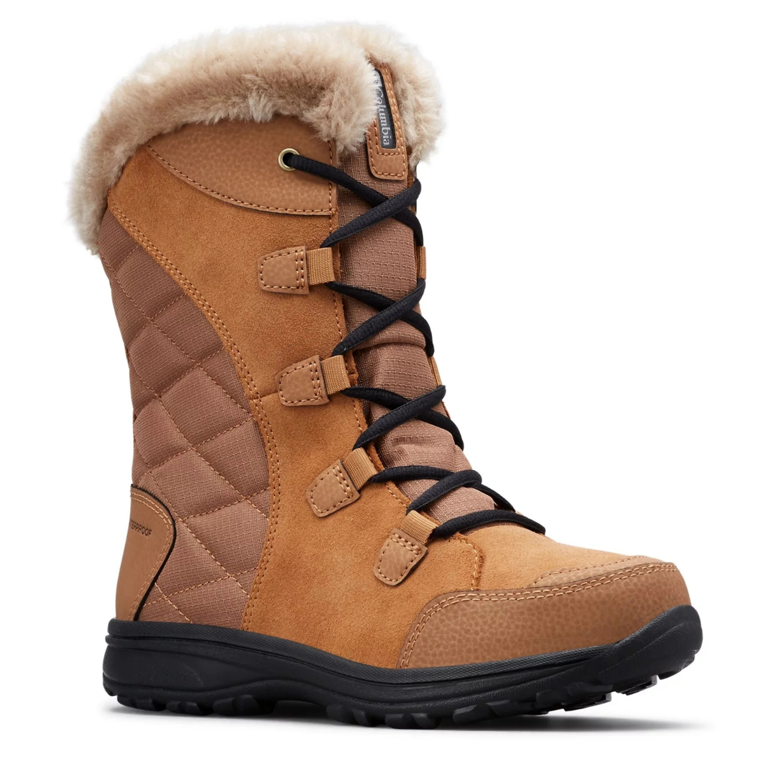 Columbia Ice Maiden Shorty Boots feature a waterproof construction, a tan suede and quilted fabric exterior, faux fur collar, black laces, and a rugged black sole for enhanced traction and warmth.
