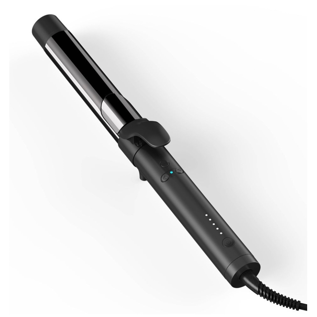 A sleek black curling iron featuring a cylindrical barrel with a clamp, power buttons, and an adjustable temperature setting indicator on the handle.