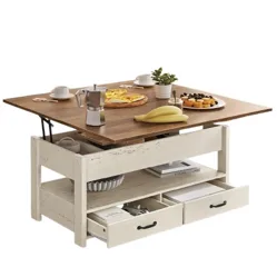 A lift-top coffee table with a rustic wooden top, featuring two open shelves and two drawers, serving as both dining and storage space, with various cups and food items on top.