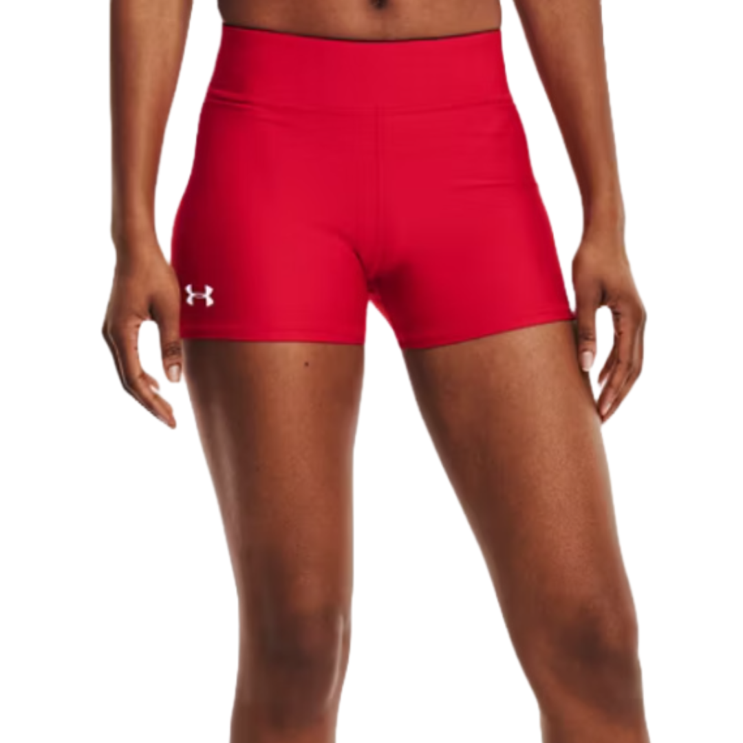 Red athletic shorts with a fitted design, featuring the Under Armour logo on the left.