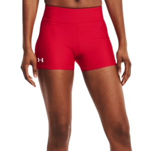 Red athletic shorts with a fitted design, featuring the Under Armour logo on the left.
