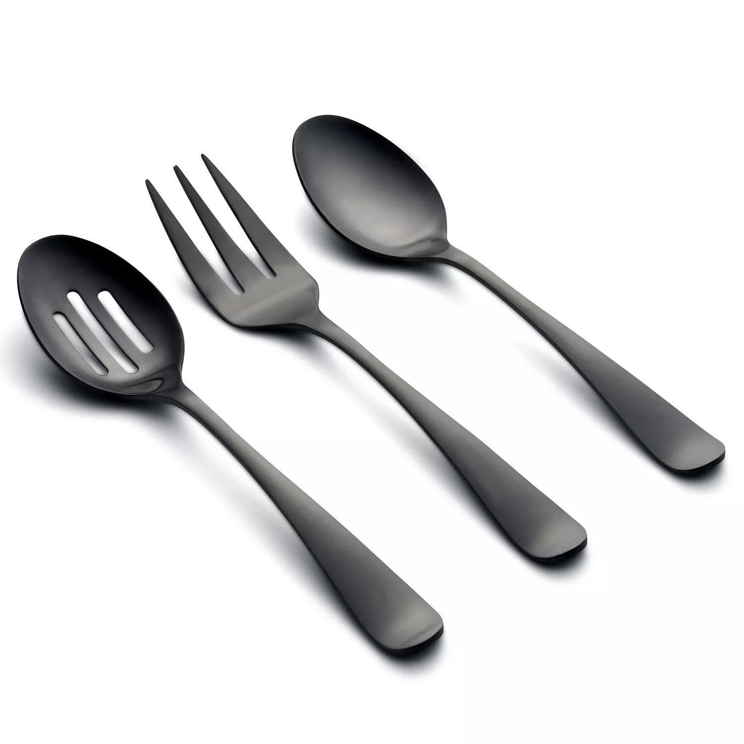 Set of three matte black serving utensils: a slotted spoon, a fork, and a regular spoon.