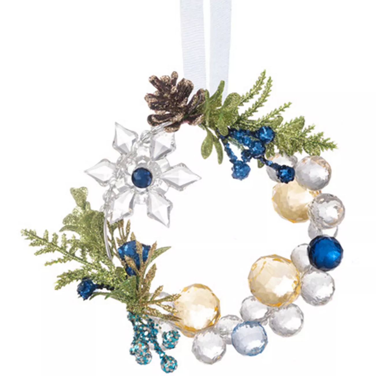 This is a decorative holiday wreath ornament featuring clear, blue, and gold faceted beads, adorned with green foliage, a pinecone, and a crystal-like snowflake design.
