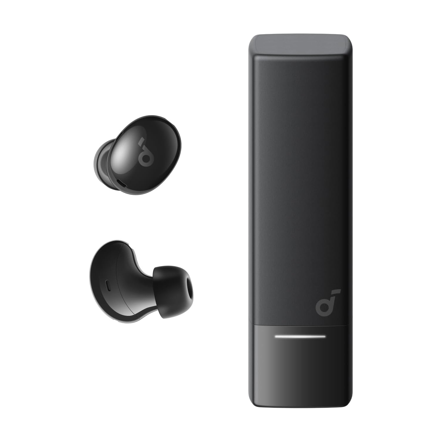 Soundcore noise-cancelling earbuds are compact, wireless earphones with a sleek design, featuring a long rectangular charging case. They include noise-cancellation technology and a subtle logo for branding.
