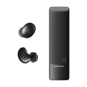 Soundcore noise-cancelling earbuds are compact, wireless earphones with a sleek design, featuring a long rectangular charging case. They include noise-cancellation technology and a subtle logo for branding.