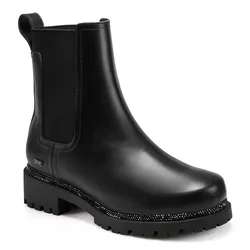 Black Chelsea boot with a chunky lug sole and elastic side panels, featuring subtle logo branding and a beaded detail along the sole edge.