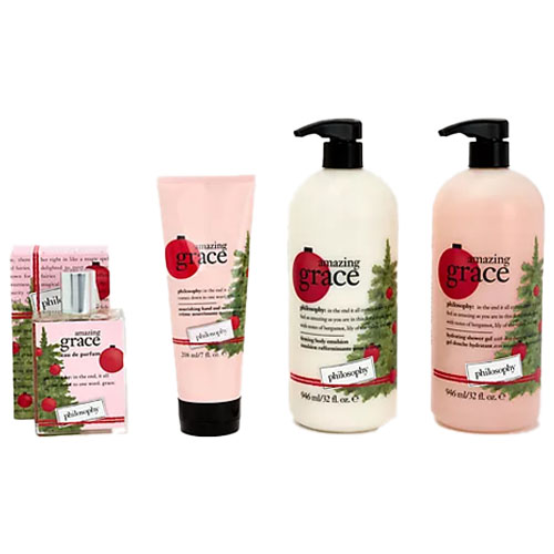 Four Philosophy Amazing Grace items including a perfume, a tube of body emulsion, and two pump bottles of body emulsion and shampoo bath & shower gel.