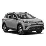 A silver Toyota RAV4 SUV is displayed, showcasing a sleek and modern design with a prominent front grille and roof rails.