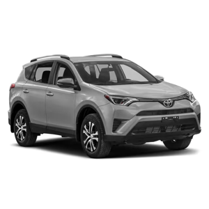 A silver Toyota RAV4 SUV is displayed, showcasing a sleek and modern design with a prominent front grille and roof rails.