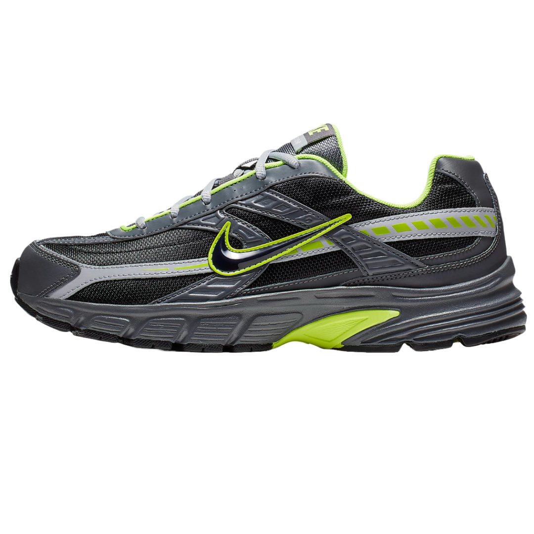 Nike Men's Initiator Shoes feature a sleek design with a gray and black mesh upper, vibrant neon green accents, and a distinctive Swoosh logo. The sole is thick and textured for traction and support, ideal for sporty wear.