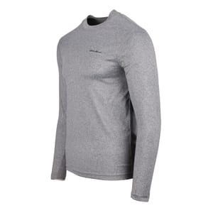 A long-sleeved, heather gray Eddie Bauer tee with a crew neck and the brand's logo on the chest.