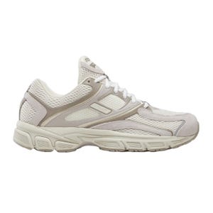 A beige and white athletic shoe with mesh and synthetic upper, featuring a cushioned sole and lace-up design.