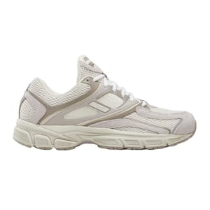 A beige and white athletic shoe with mesh and synthetic upper, featuring a cushioned sole and lace-up design.