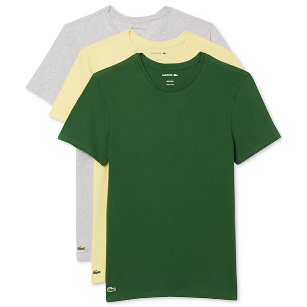 A pack of three Lacoste crew neck t-shirts in green, yellow, and gray, each featuring the brand's iconic crocodile logo near the hem.