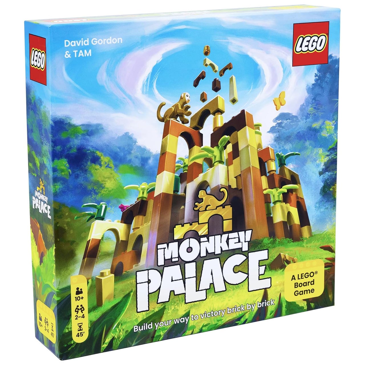 Monkey Palace: A LEGO Board Game designed by David Gordon & TAM features a colorful jungle-themed design with monkeys and a palace structure. Suitable for ages 10 and up, 2-4 players, with a playtime of approximately 45 minutes.