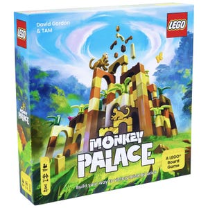 Monkey Palace: A LEGO Board Game designed by David Gordon & TAM features a colorful jungle-themed design with monkeys and a palace structure. Suitable for ages 10 and up, 2-4 players, with a playtime of approximately 45 minutes.