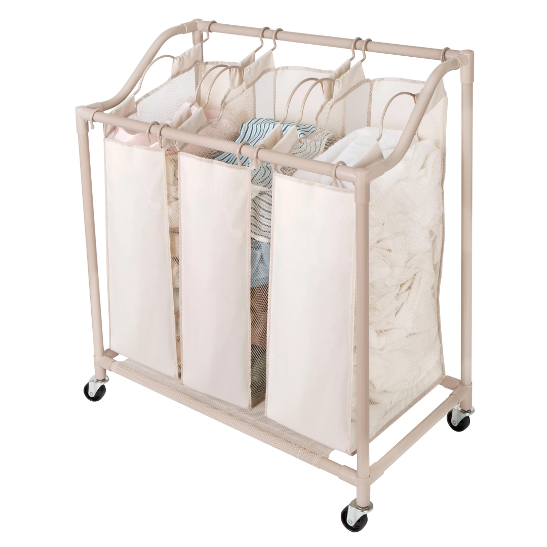 Rolling laundry sorter with three beige mesh bags and wheels for easy mobility.