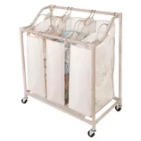 Rolling laundry sorter with three beige mesh bags and wheels for easy mobility.