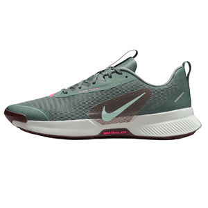 Nike Trail running shoe with a green mesh upper, white midsole, and pink accents, featuring a stylized swoosh.