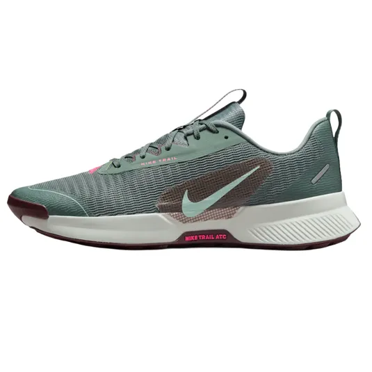 Nike Trail running shoe with a green mesh upper, white midsole, and pink accents, featuring a stylized swoosh.