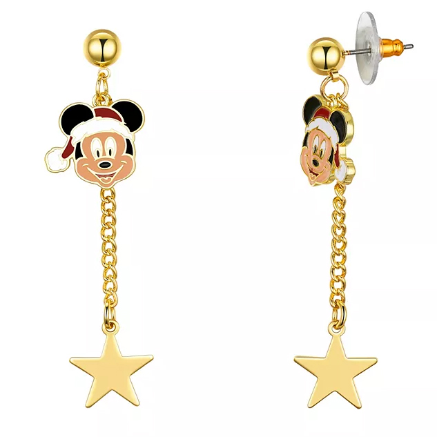 Mickey Mouse earrings featuring his face with a Santa hat, attached to gold-tone studs. Dangling below are chains with star-shaped pendants.
