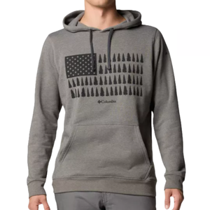 Gray Columbia Trek Hoodie featuring an American flag design made of tree silhouettes, with a kangaroo pocket and adjustable drawstrings.