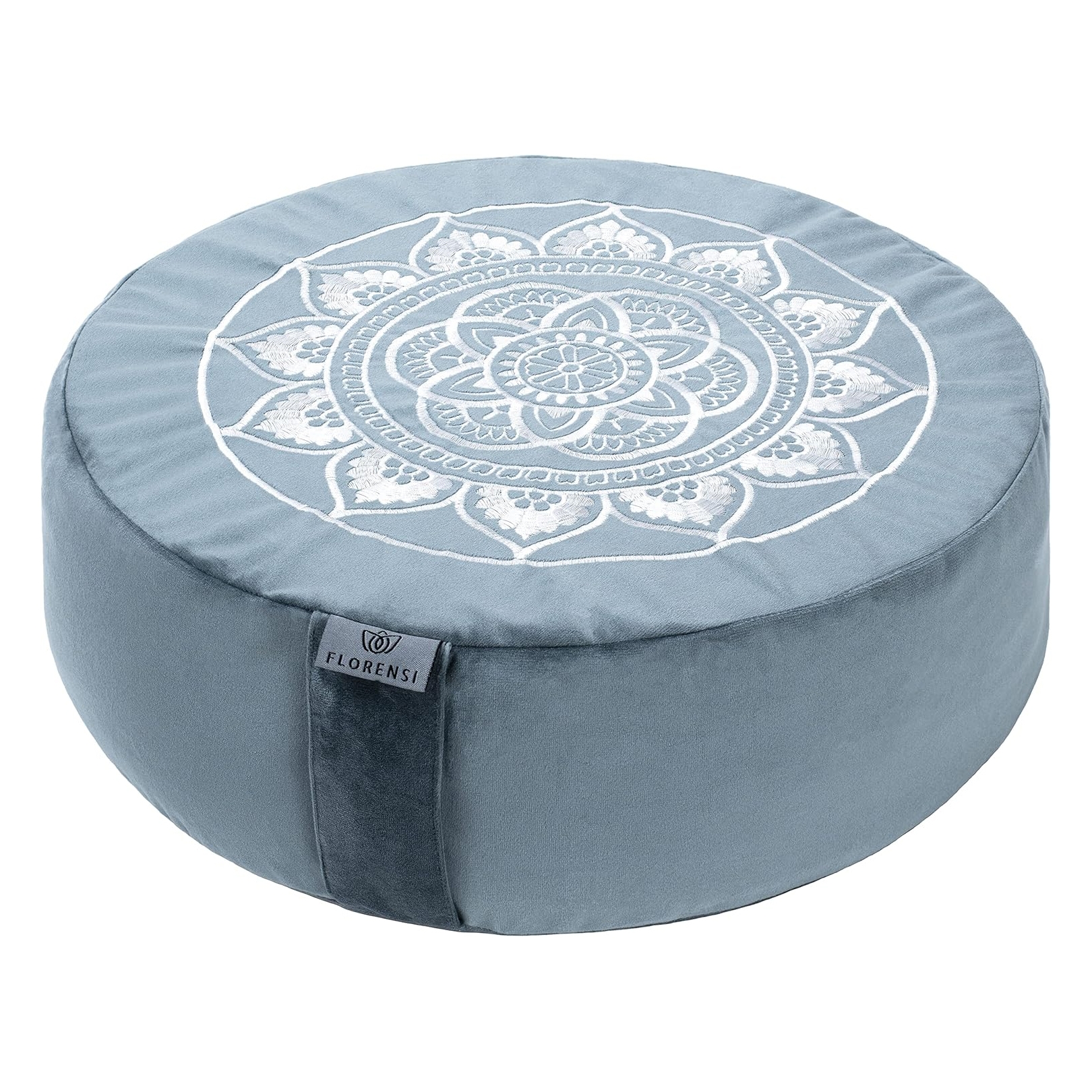 A round, light blue cushion with a white mandala pattern on top, designed for yoga and meditation. It features a side label with \“Florensi\“ and is made of a soft, plush material.