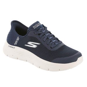 Navy blue Skechers GOwalk shoe with a breathable mesh upper, laced design, white cushioned sole, and Skechers branding on the side and tongue.