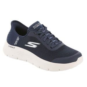 Navy blue Skechers GOwalk shoe with a breathable mesh upper, laced design, white cushioned sole, and Skechers branding on the side and tongue.