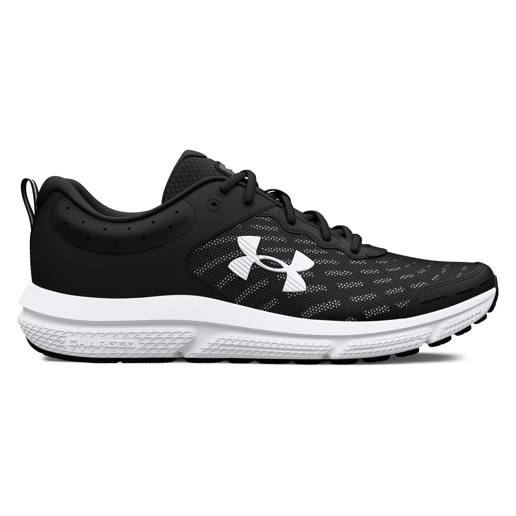 Under Armour Charged Assert 10 Shoes feature a black mesh upper with white accents, including the logo, and a cushioned white midsole, designed for comfort and support in running and other athletic activities.