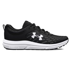 Under Armour Charged Assert 10 Shoes feature a black mesh upper with white accents, including the logo, and a cushioned white midsole, designed for comfort and support in running and other athletic activities.