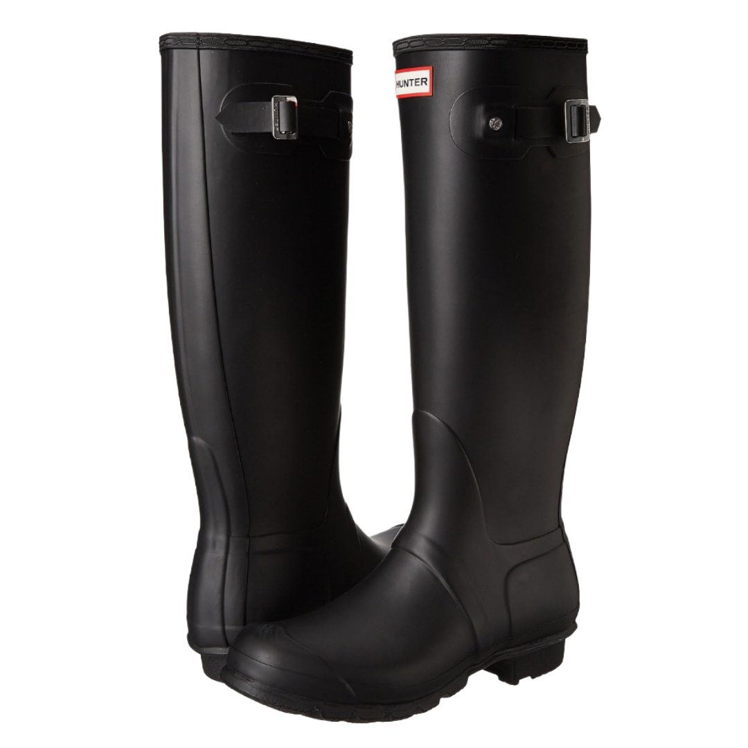 A pair of black tall rubber rain boots with adjustable buckle straps near the top, featuring the word \“Hunter\“ on the front.