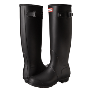 A pair of black tall rubber rain boots with adjustable buckle straps near the top, featuring the word \“Hunter\“ on the front.