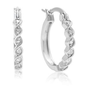 Silver hoop earrings feature a twisted design with diamond accents embedded along the front. The design creates an elegant and intricate appearance, highlighting the sparkling stones.
