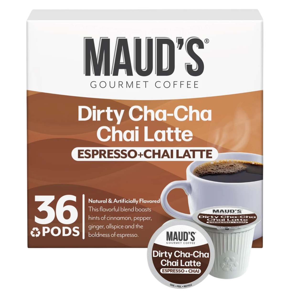 Maud's Gourmet Coffee Dirty Cha-Cha Chai Latte contains 36 pods blending espresso and chai with cinnamon, pepper, ginger, and allspice flavors.